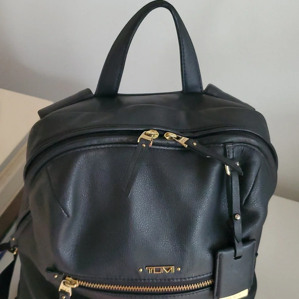 Tumi Voyageur Halle Black Leather Backpack with Gold Hardware